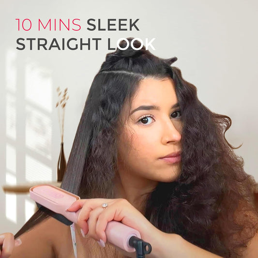 Hair Straightener Brush, Ring Hair Straightener Comb Straightening Brush for Women with 5 Temps 20S Fast Heating & Dual Voltage, Pink