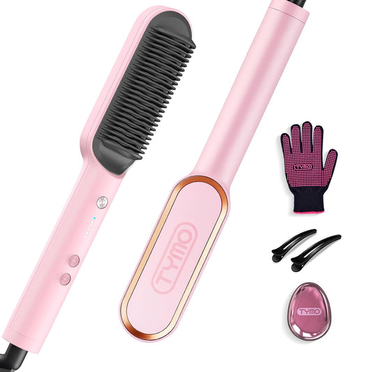 Hair Straightener Brush,  Ring Hair Straightener Comb Straightening Brush for Women with 5 Temps 20S Fast Heating & Dual Voltage, Pink