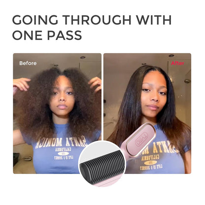 Hair Straightener Brush,  Ring Hair Straightener Comb Straightening Brush for Women with 5 Temps 20S Fast Heating & Dual Voltage, Pink